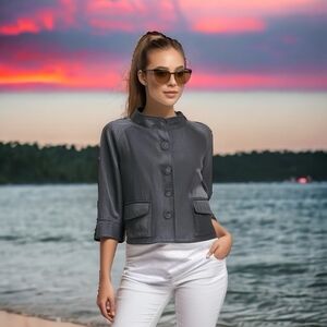 EASY WEAR Distressed 3/4 Sleeve Glossy Black Blazer Women’s Cropped Jacket